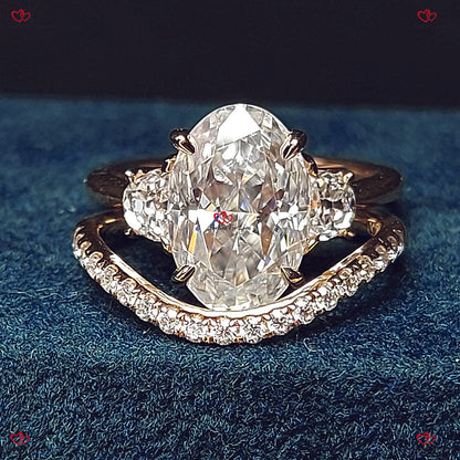 Unique Oval Moissanite Engagement Ring – Crushed Ice Cut Three-Stone Ring with Moonstone Accents