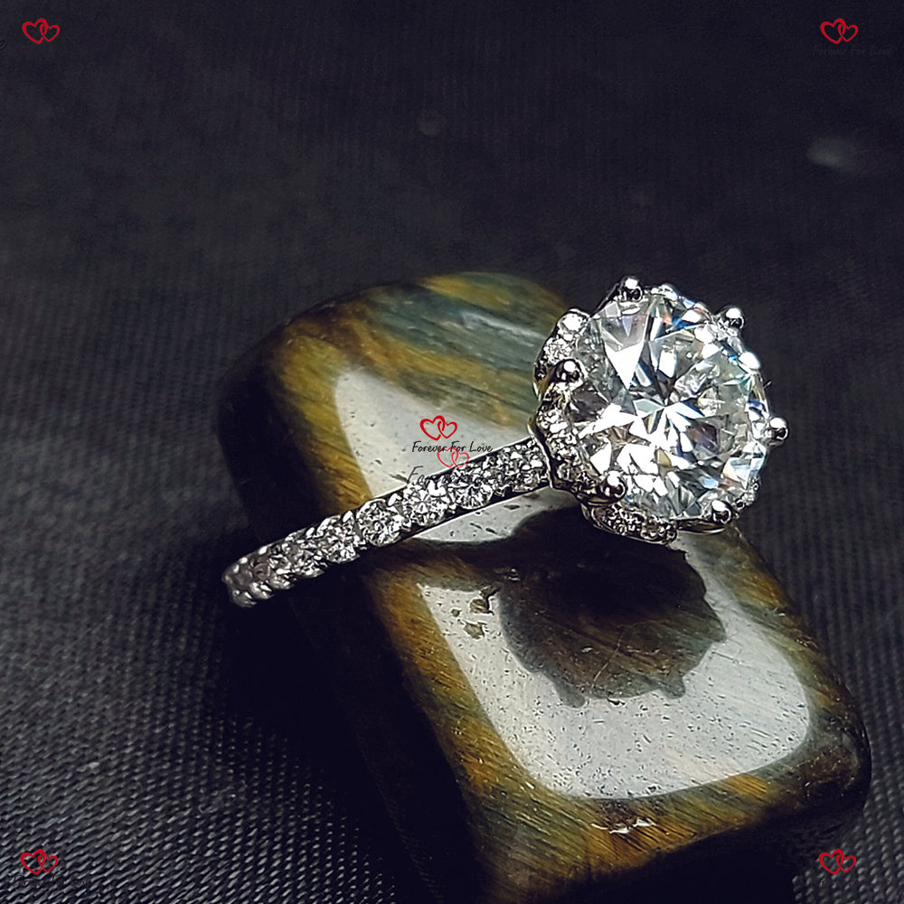 Unique Vintage Flower Prong Moissanite Round Engagement Ring | White Gold | Brilliant Cut Round