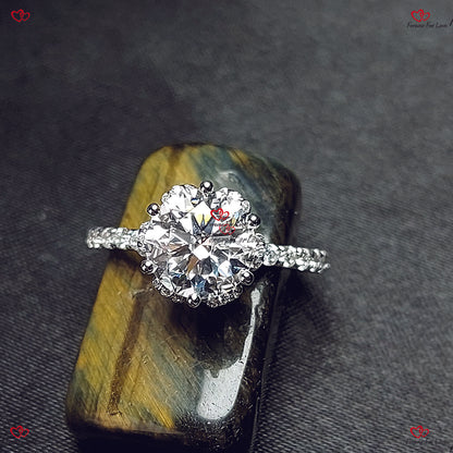 Unique Vintage Flower Prong Moissanite Round Engagement Ring | White Gold | Brilliant Cut Round