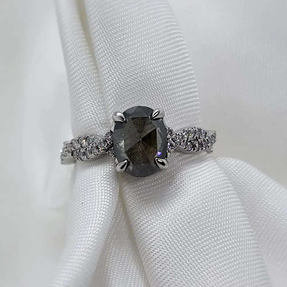2Ct Salt And Pepper Diamond Platinum Ring, Solitaire Oval