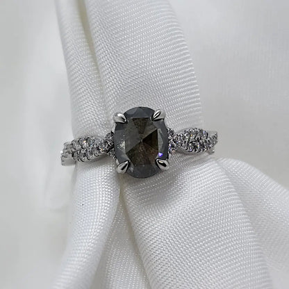 2Ct Salt And Pepper Diamond Platinum Ring, Solitaire Oval