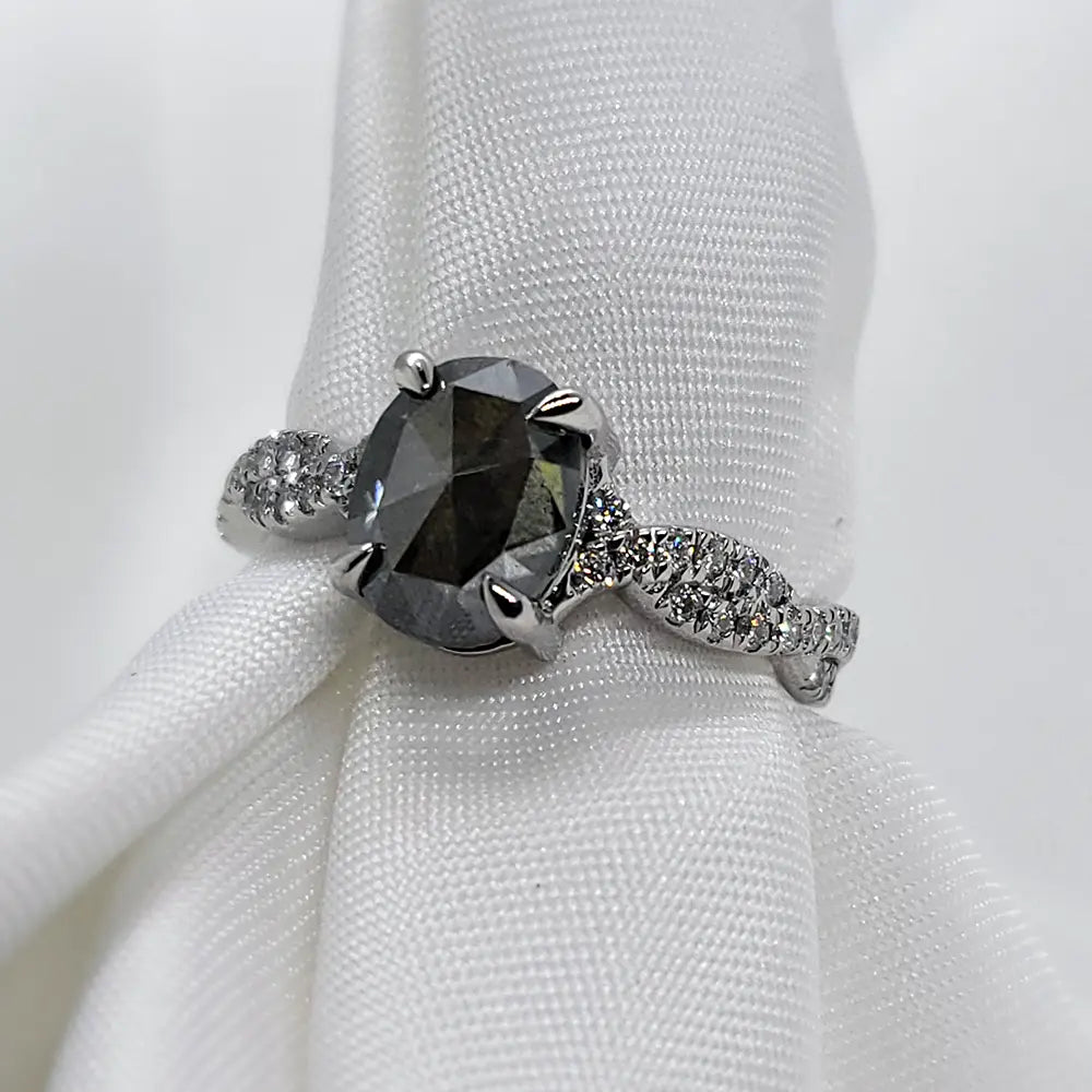 2Ct Salt And Pepper Diamond Platinum Ring, Solitaire Oval