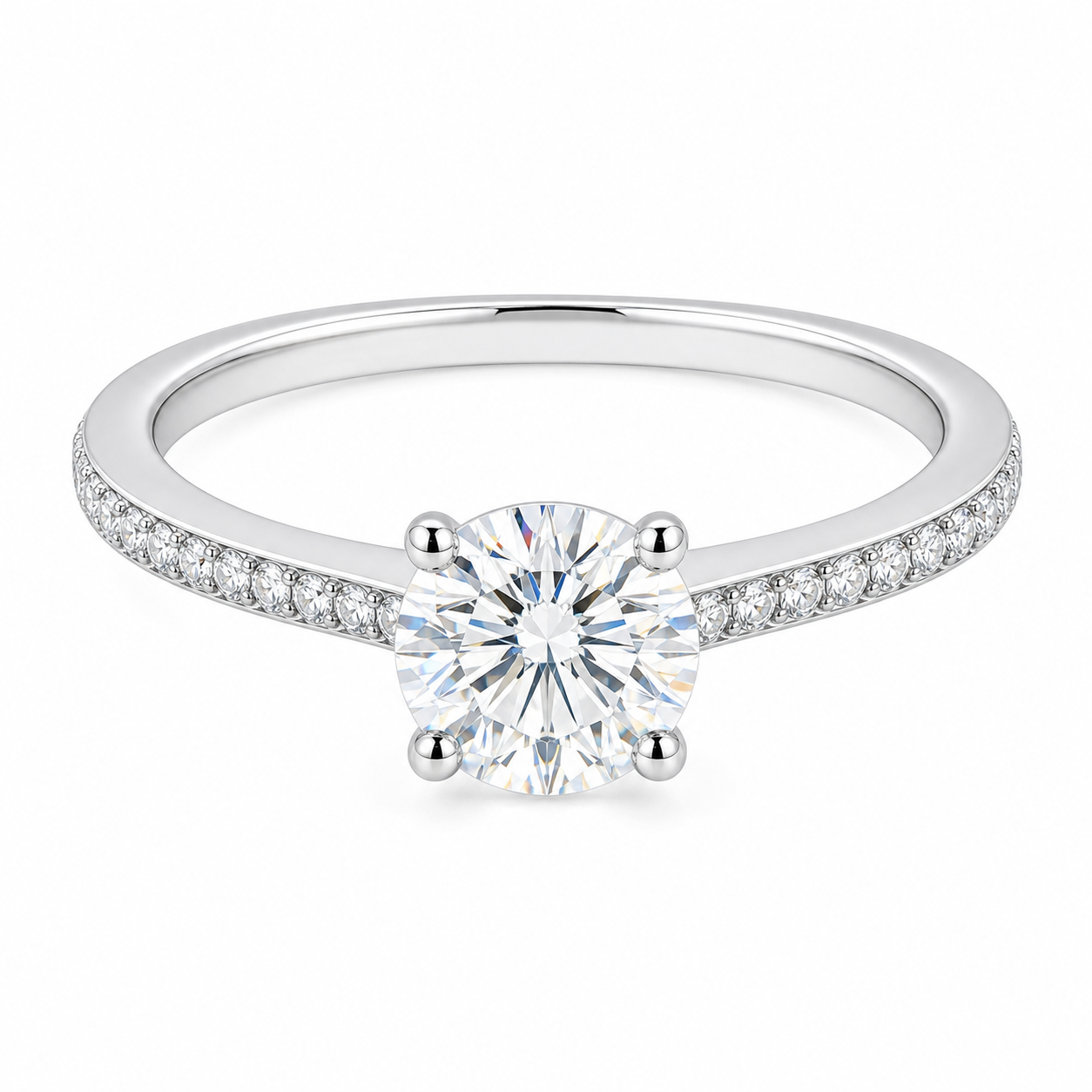 6.5mm round hidden halo engagement ring in Silver with Forever Moissanite, option 1, white background