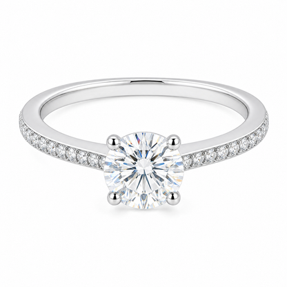 6.5mm round hidden halo engagement ring in Silver with Forever Moissanite, option 1, white background