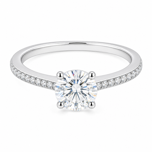 6.5mm round hidden halo engagement ring in Silver with Forever Moissanite, option 1, white background