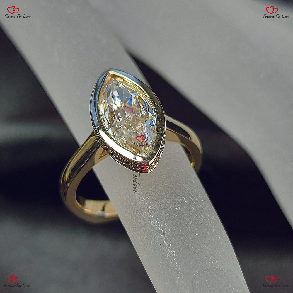 Marquise Cut Moissanite Engagement Ring | Vintage Yellow Gold | Unique Bezel Setting |