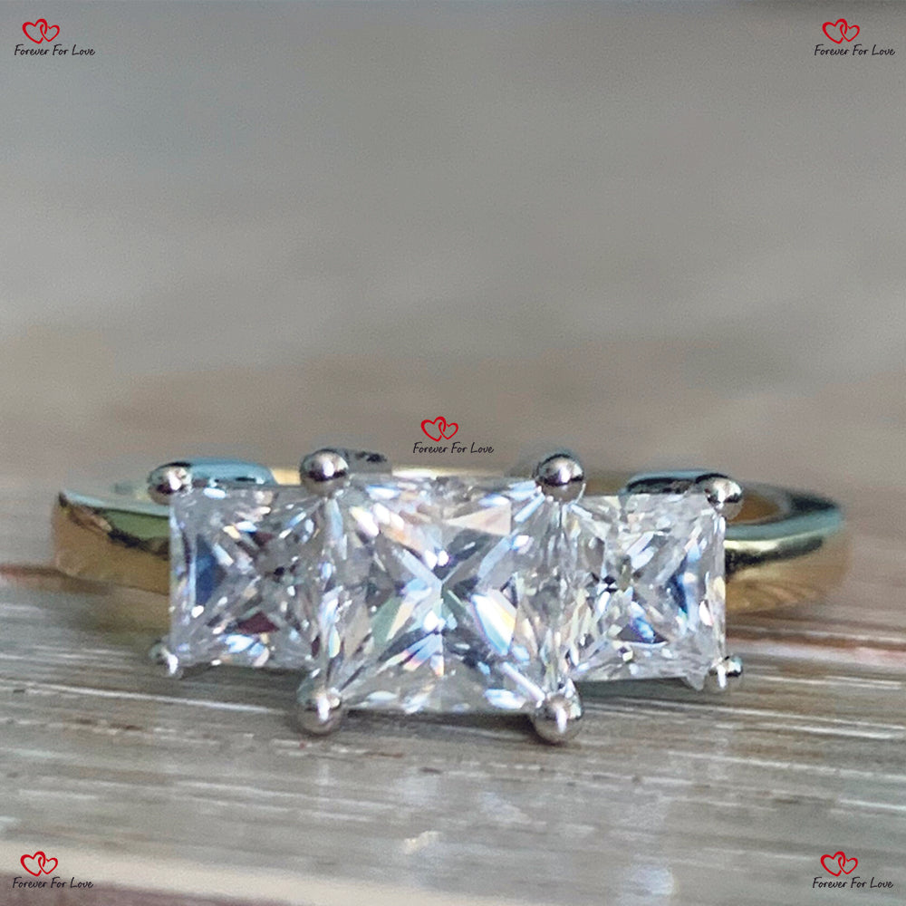 Trilogy Elegance 3 Stone Princess Cut  Moissanite Engagement Ring