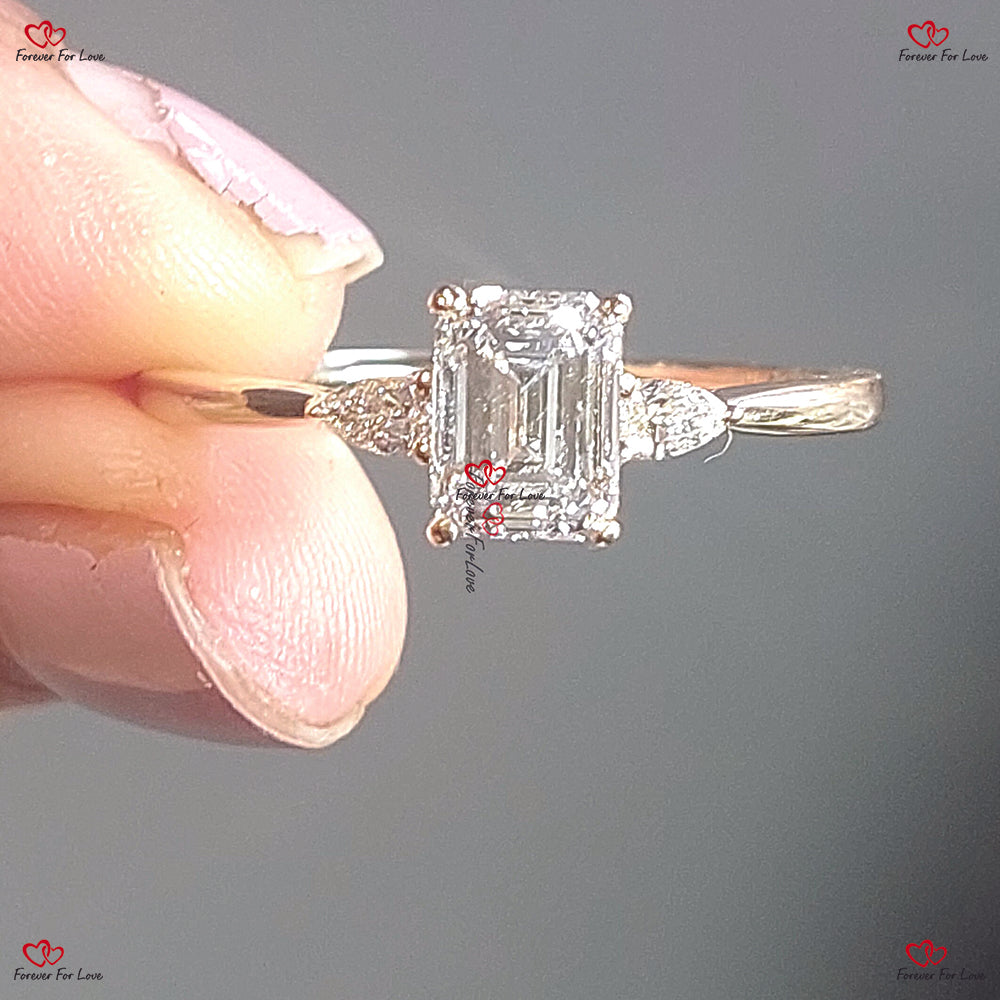 Emerald Cut Diamond Engagement Ring with Pear Side Stones | Certified Trilogy Diamond Ring by Forever For Love