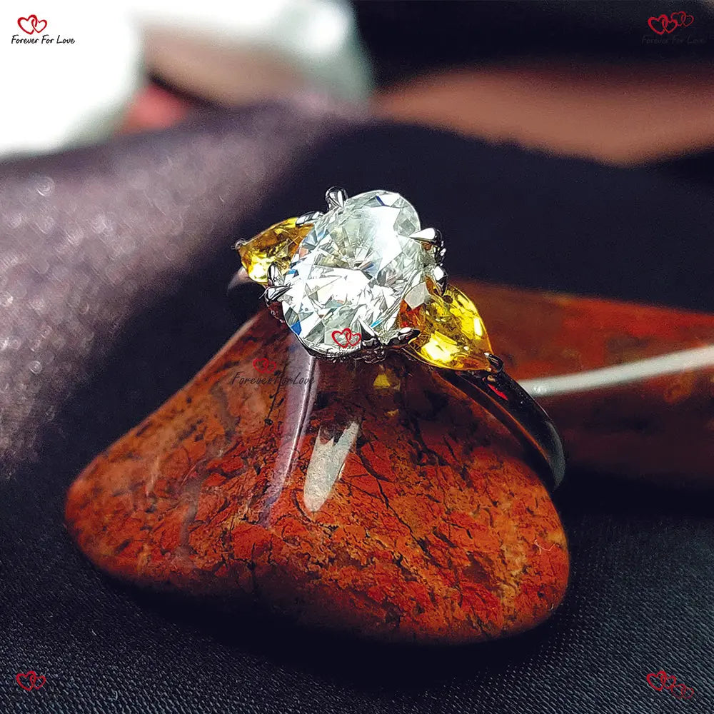 Vintage Engagement Ring | Oval Moissanite & Citrine Pear | Brilliant Cut Oval Antique Trilogy