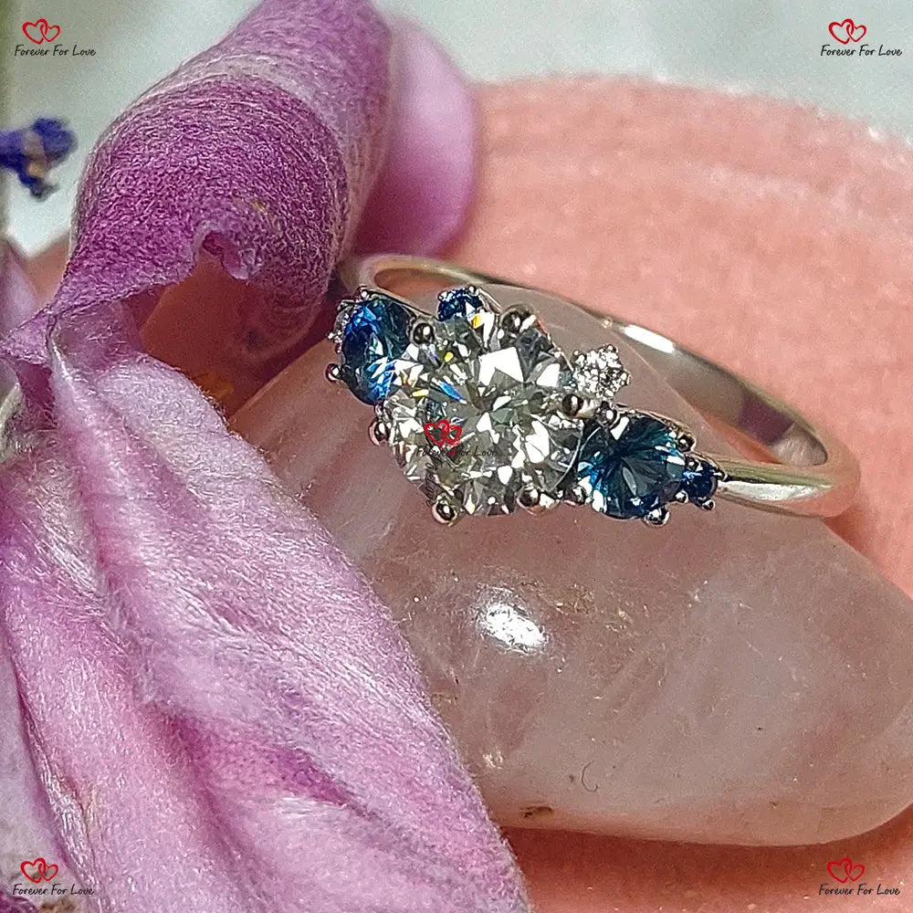 Diamond and Montana Sapphire Ring | Teal Sapphire Cluster Diamond Ring | Unique Proposal or Anniversary Gift