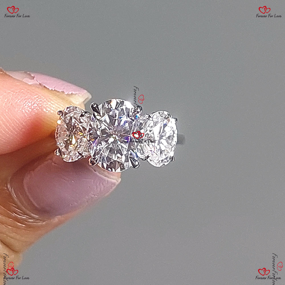 Vintage Oval Moissanite Engagement Ring | Unique Cluster Platinum Trilogy |  Oval Moissanite | Wedding Ring for Women