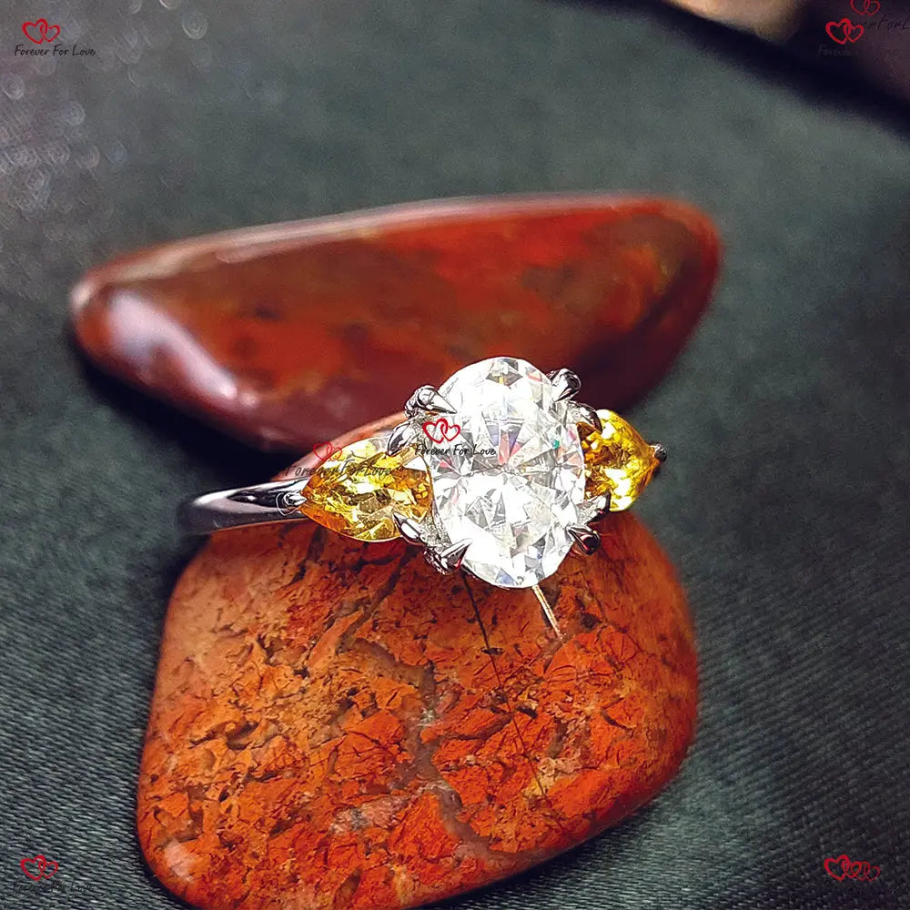Vintage Engagement Ring | Oval Moissanite & Citrine Pear | Brilliant Cut Oval Antique Trilogy