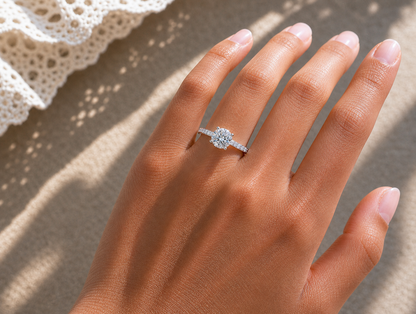 Round brilliant hidden halo engagement ring in silver