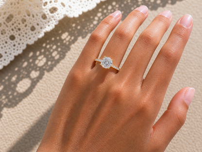 Round brilliant hidden halo engagement ring in 10K solid gold