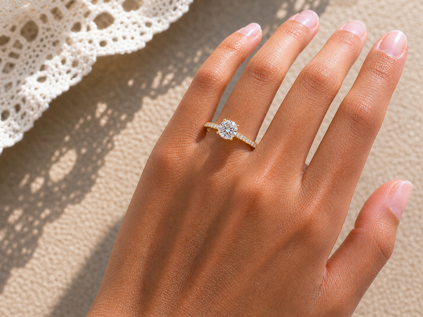 Round brilliant hidden halo engagement ring in 10K solid gold