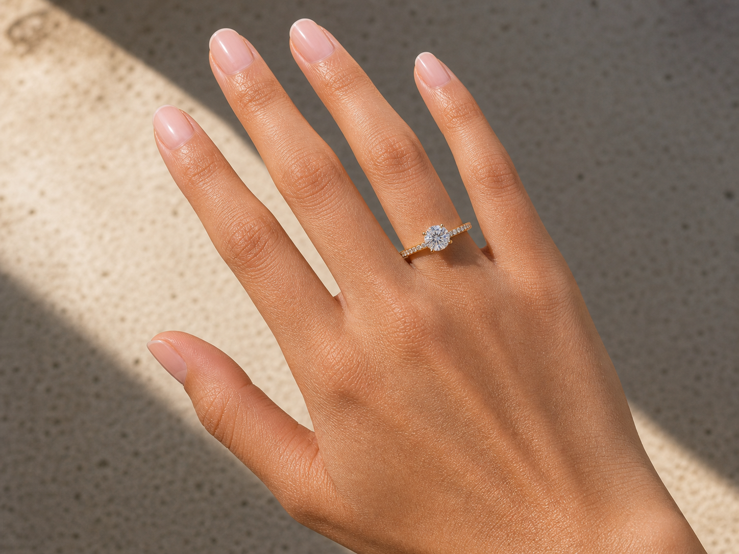 Round brilliant hidden halo engagement ring in 14K solid gold