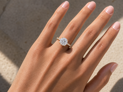 Round brilliant hidden halo engagement ring in 14K solid gold