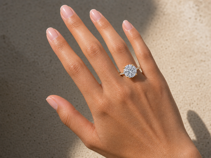 Round brilliant hidden halo engagement ring in 14K solid gold