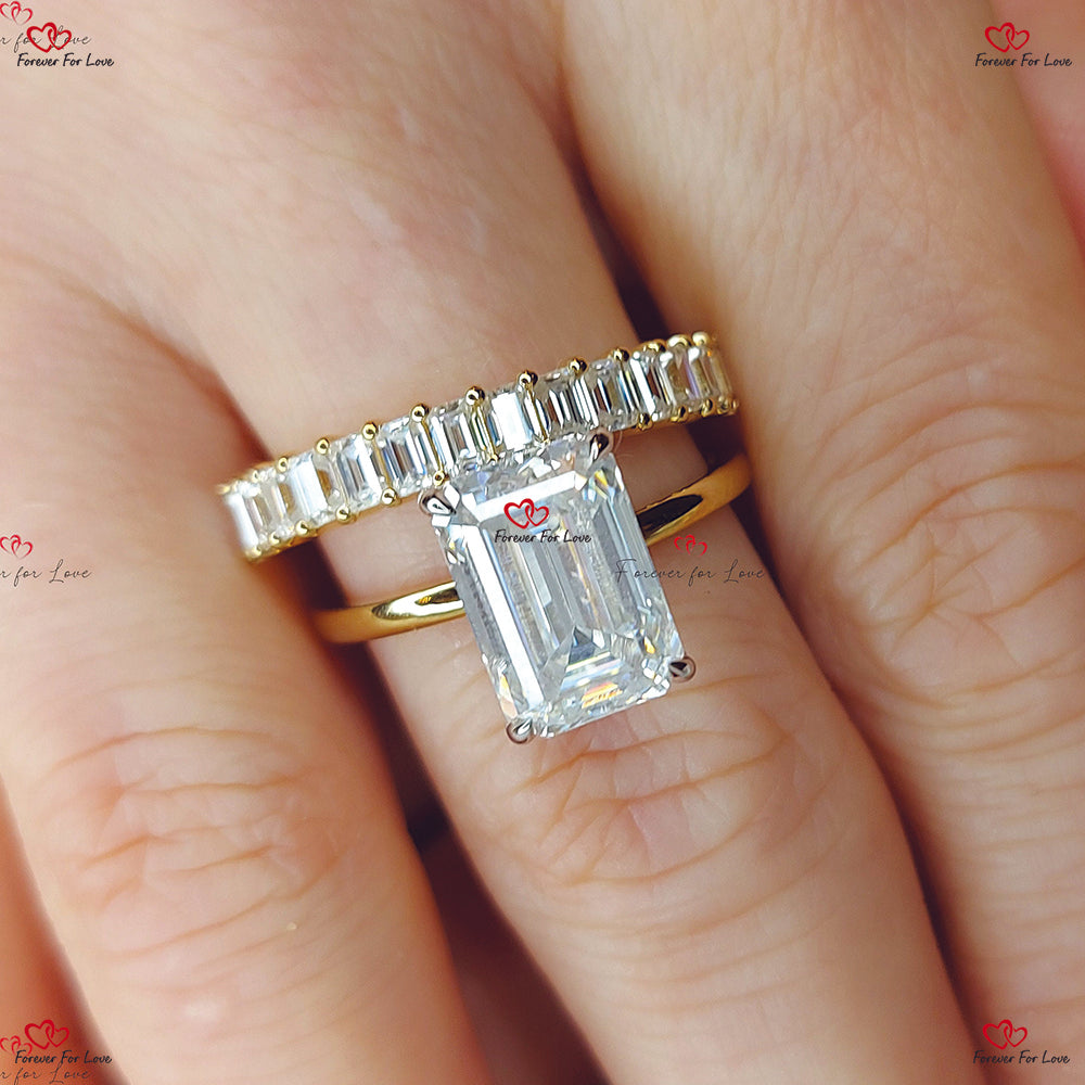 Emerald Cut Moissanite Wedding Set in Yellow Gold - Emerald Cut Bridal Set