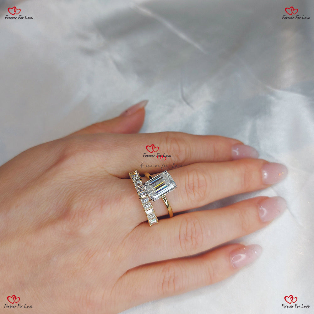 Emerald Cut Moissanite Wedding Set in Yellow Gold - Emerald Cut Bridal Set