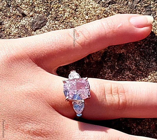 Vivid Pink Diamond Cushion Cut Ring Lovely Cushion Shape with side  Pear three stone Vintage Victorian Style Statement Ring