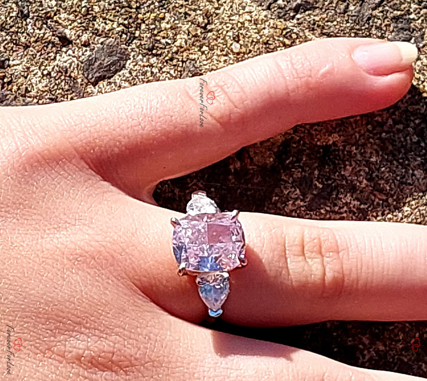 Vivid Pink Diamond Cushion Cut Ring Lovely Cushion Shape with side  Pear three stone Vintage Victorian Style Statement Ring