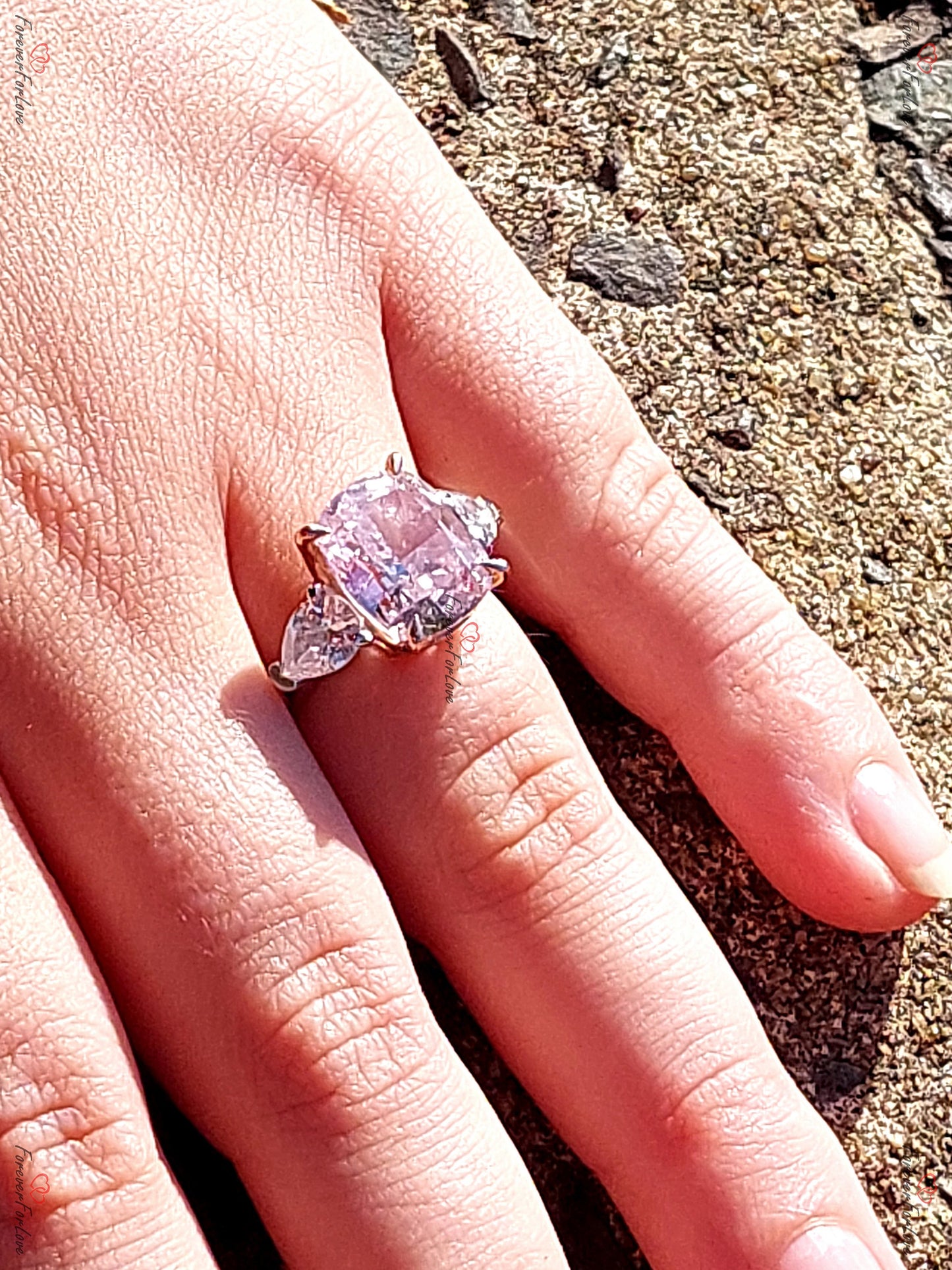 Vivid Pink Diamond Cushion Cut Ring Lovely Cushion Shape with side  Pear three stone Vintage Victorian Style Statement Ring
