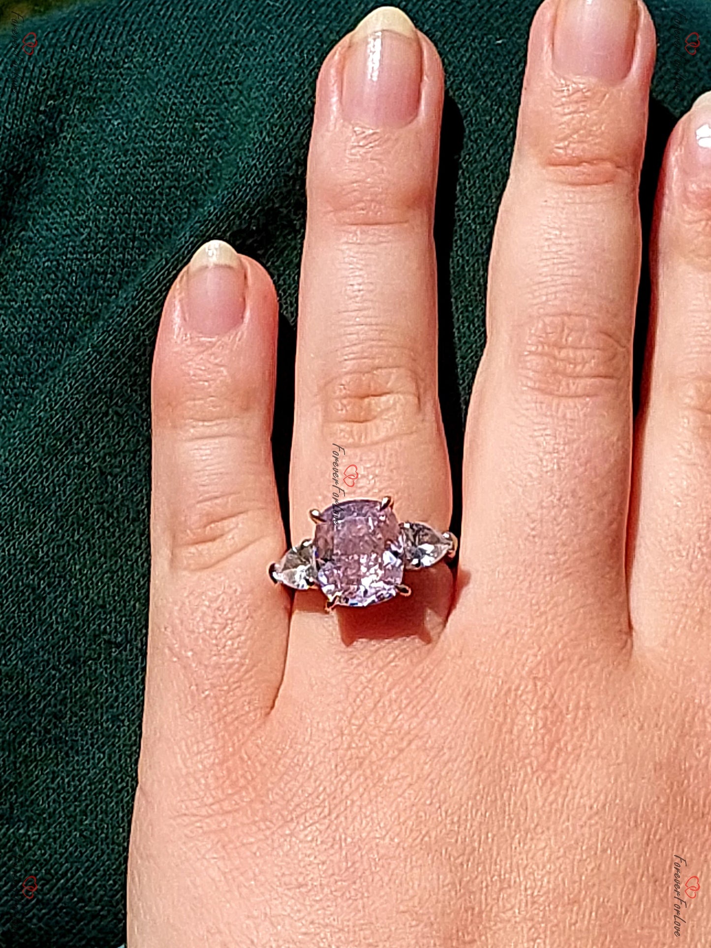 Vivid Pink Diamond Cushion Cut Ring Lovely Cushion Shape with side  Pear three stone Vintage Victorian Style Statement Ring