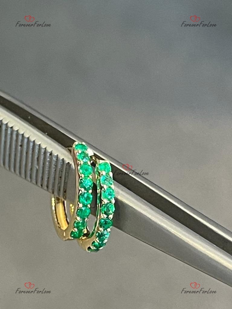 14k Solid Gold Emerald Huggies, Solid Gold Mini Hoops, Small Emerald Gold Huggie Earrings, Sold As A Pair, Small Hoop Earrings Minimalist