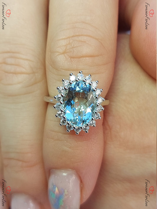 Aquamarine Vintage Engagement Ring 14K White Gold Diamond Women Wedding Halo  Bridal Art Deco Anniversary Proposal Gift for her.