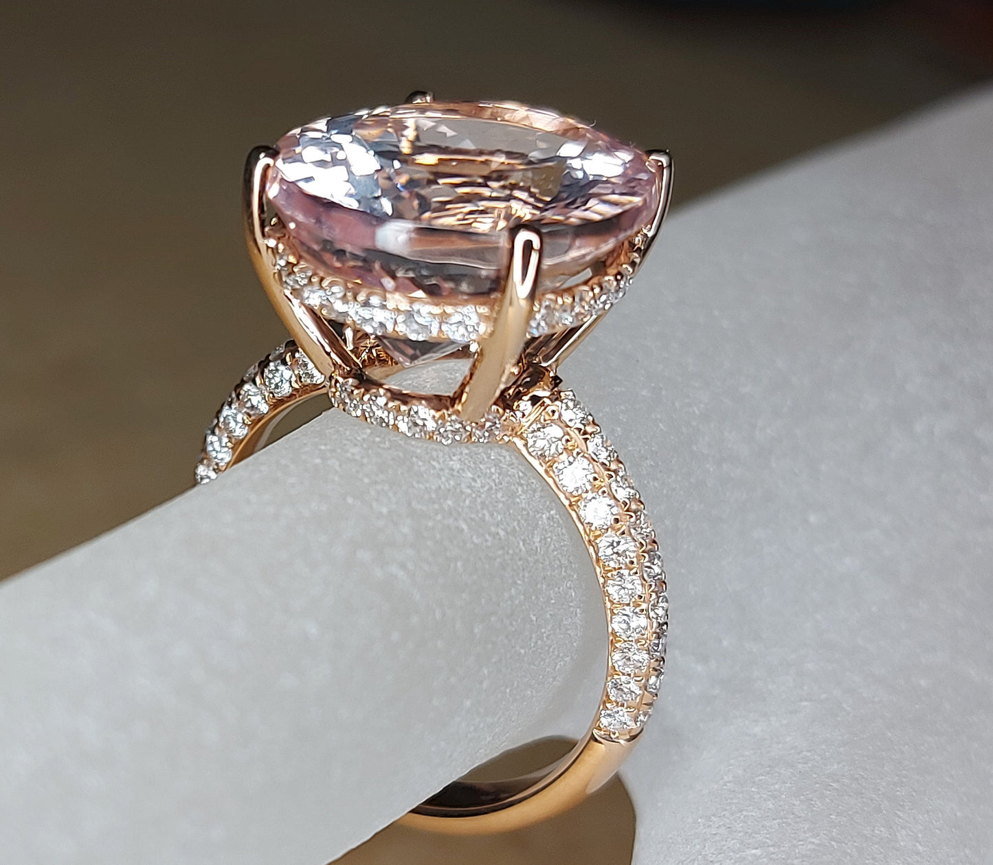 11 1/2 Carat Morganite Engagement Ring Rose Gold Oval Morganite Ring Hidden Halo Diamonds Oval Morganite Ring