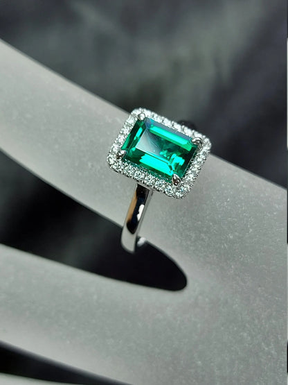 Emerald Engagement Ring,Diamond Halo Ring, 1.5 ct Emerald Cut,Halo Diamond Wedding Ring,.20ct Diamonds, White Gold, Lola ring