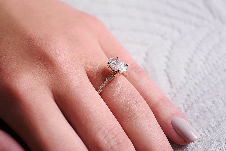1Ct Vinatge Moissanite Oval Forever One Engagement Ring, 7*5mm Moissanite and Diamond Solitaire Art Deco Ring, Rose Gold Moissanite Ring