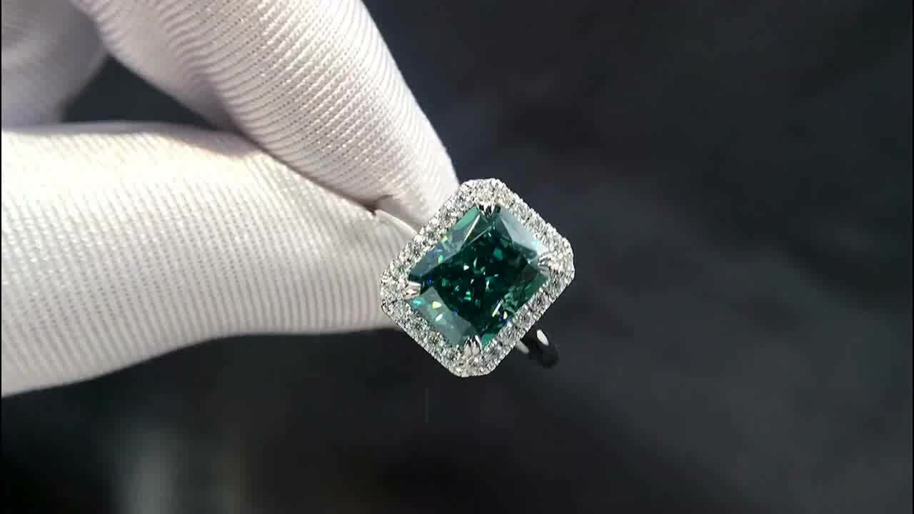 Green moissanite Vintage Halo Radiant Cut, 9*7mm / 3Ct Engagement Ring in  .15ct Diamonds Wedding Ring.