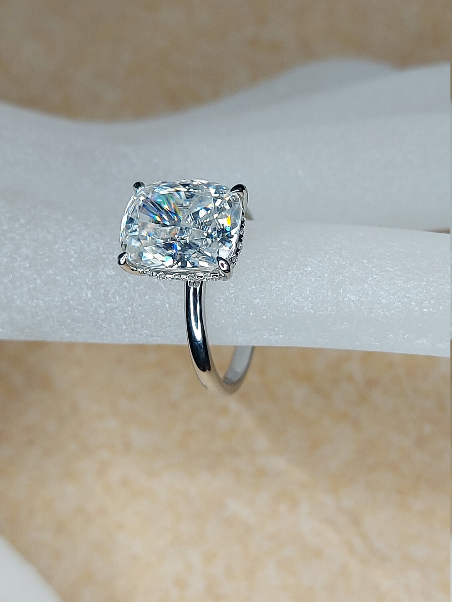 Moissanite Engagement Ring Colorless 5ct Crushed Ice Cushion Cut Ring .2ct Natural Diamonds Unique Ring Hidden Halo Ring Modern Wedding Ring
