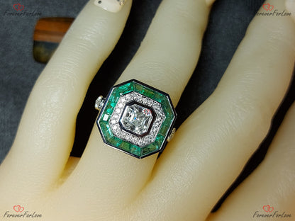 Deco Moissanite Emerald Ring, Vintage Ascher Cut Double Halo Engagement Ring