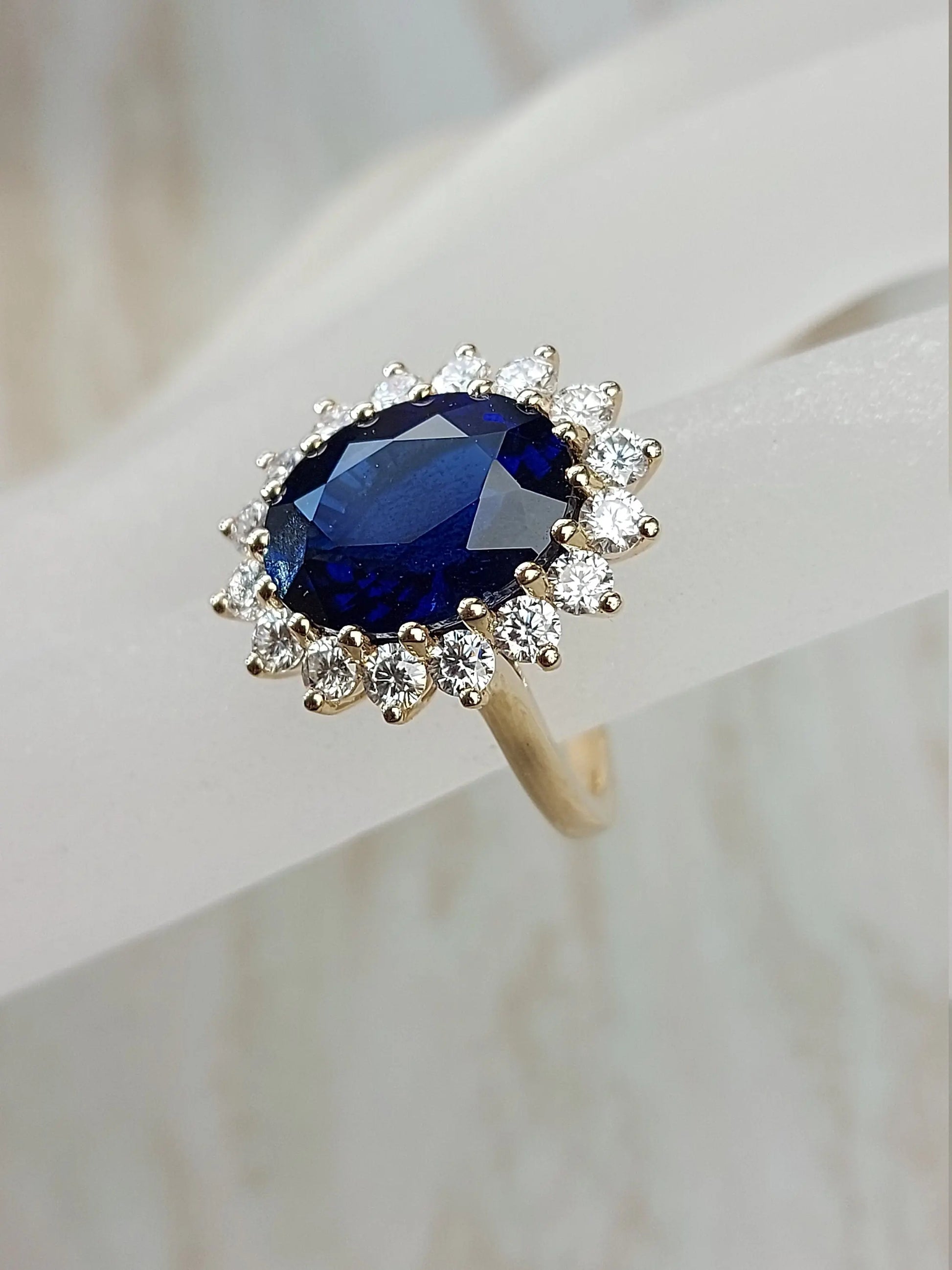 Princess Diana 6ct Oval Blue Sapphire Halo Diamond Ring