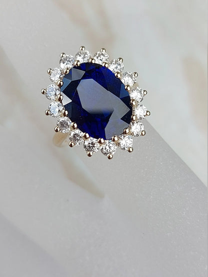 Princess Diana 6ct Oval Blue Sapphire Halo Diamond Ring