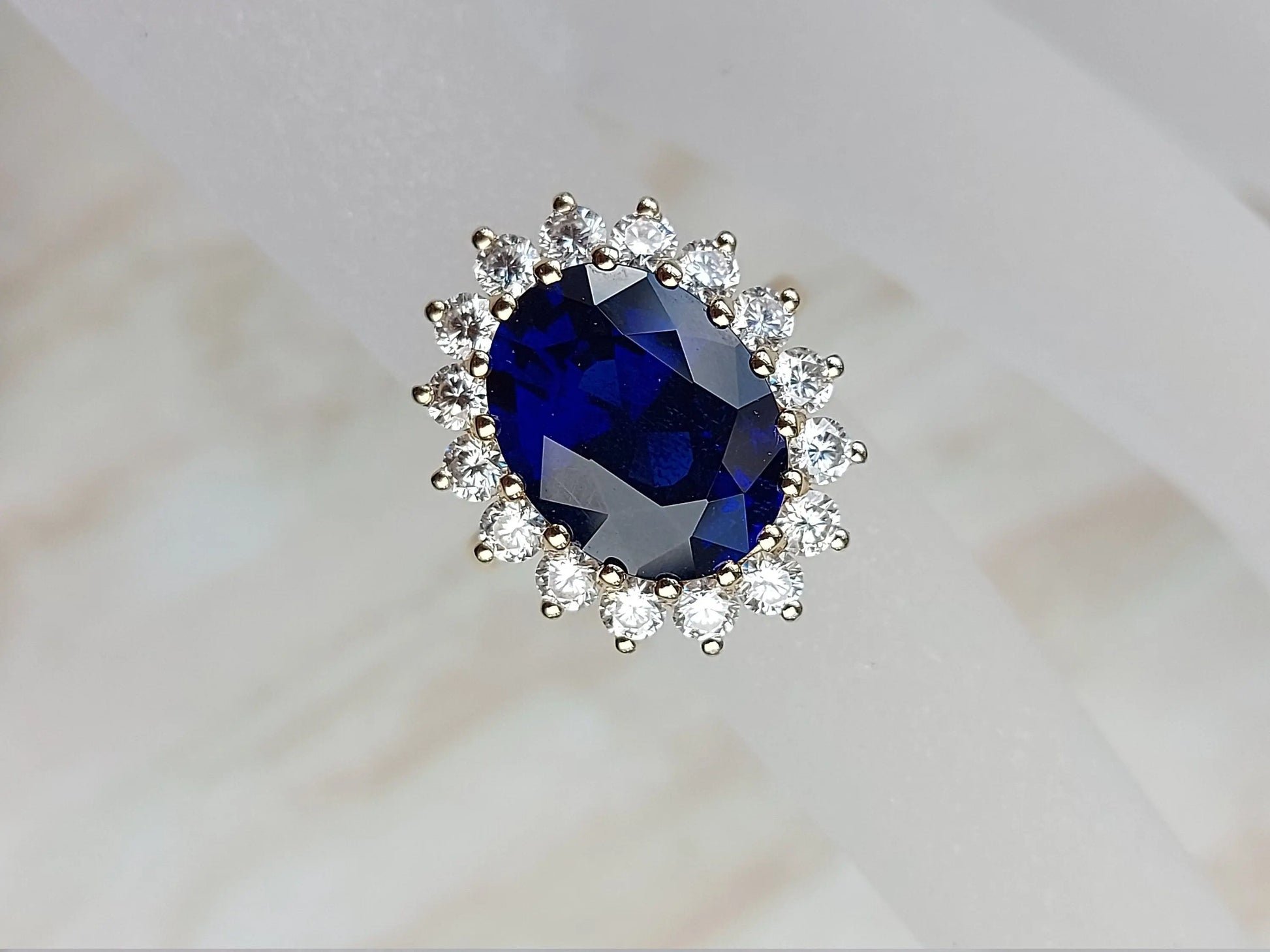 Princess Diana 6ct Oval Blue Sapphire Halo Diamond Ring