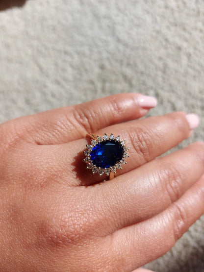 Princess Diana 6ct Oval Blue Sapphire Halo Diamond Ring