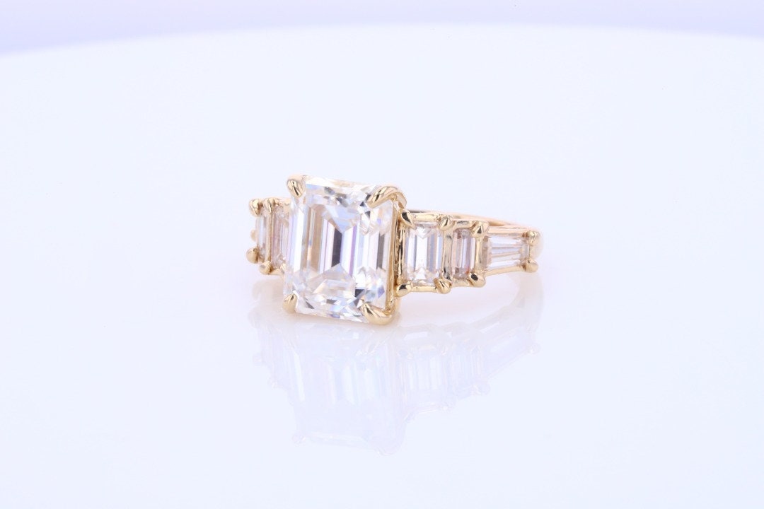 Emerald Cut Moissanite Engagement Ring, Emerald and Baguette Moissanite 14K yellow gold Ring, Anniversary Ring. Angelina Ring.