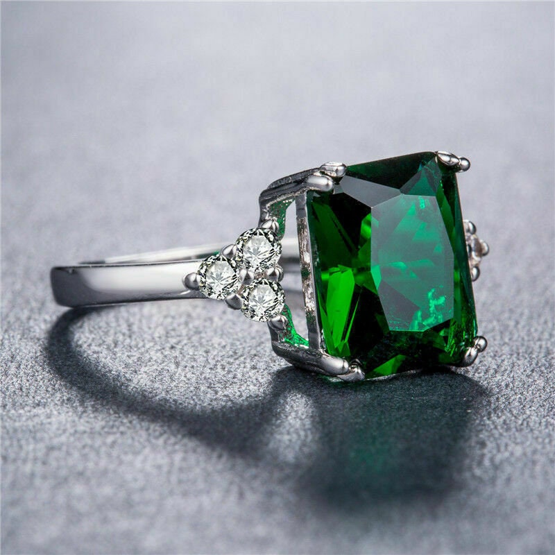 2Ct Green Radiant Ring - 3 Stone Engagement Ring - CZ Wedding Ring - Emerald Radiant Cut Ring - Anniversary Ring - 10K White gold
