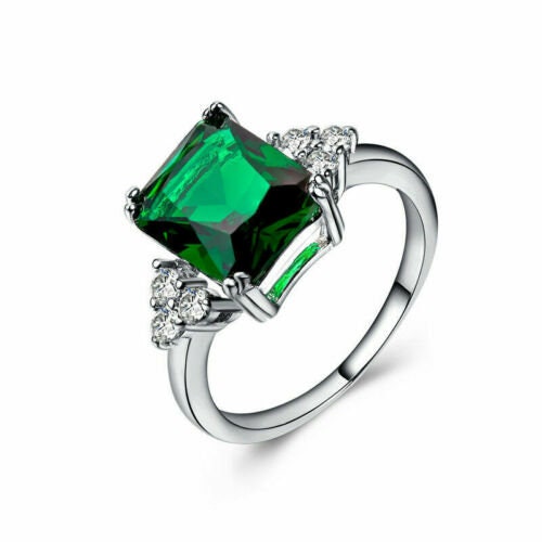 2Ct Green Radiant Ring - 3 Stone Engagement Ring - CZ Wedding Ring - Emerald Radiant Cut Ring - Anniversary Ring - 10K White gold
