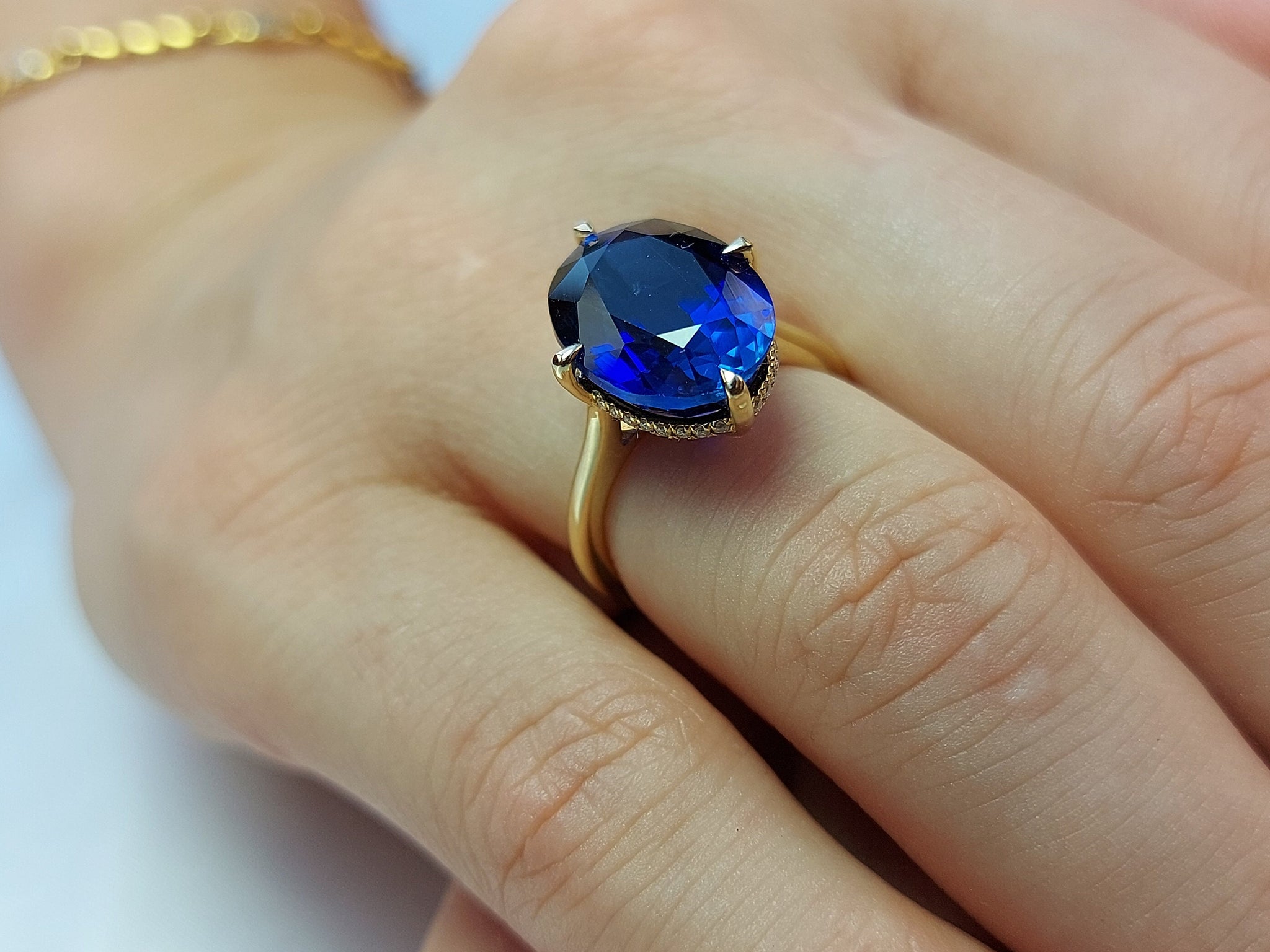 Unique Genuine Blue sapphire Oval Cut Engagement Ring 13*9mm blue sapphire engagement ring diamond hidden halo ring Proposal Ring.