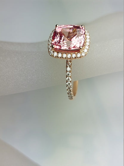 14k Rose Gold Cushion Cut Halo Engagement Ring with Peachy Pink Sapphire