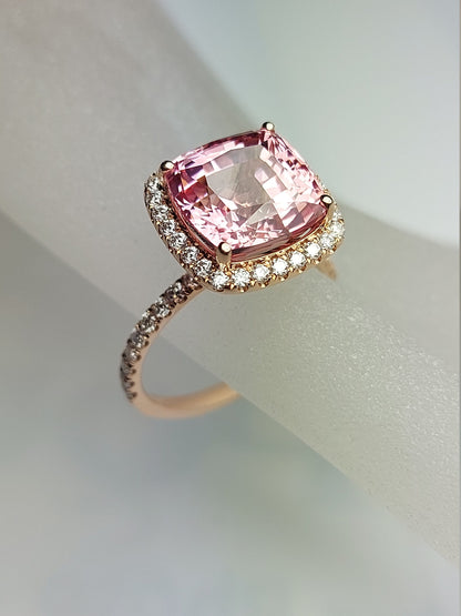 14k Rose Gold Cushion Cut Halo Engagement Ring with Peachy Pink Sapphire
