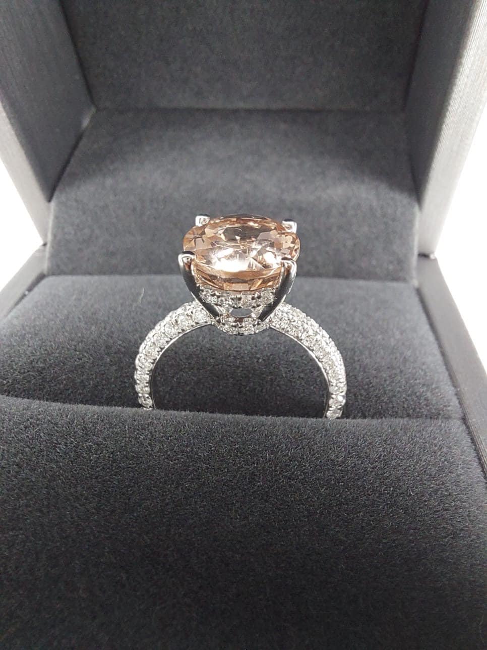 3 1/2 Carat Morganite Engagement Ring Rose Gold Oval Morganite Ring Hidden Halo Diamonds Oval Morganite Ring