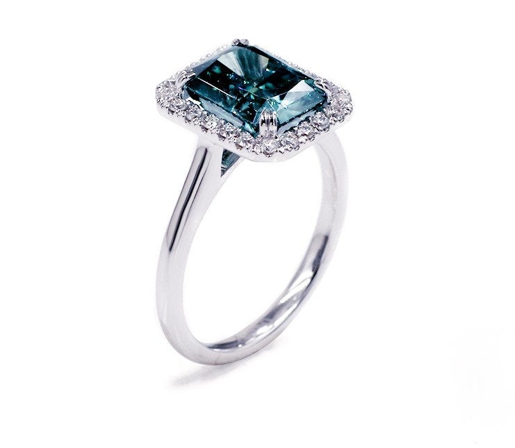 Vintage Halo Radiant Cut Vivid Green moissanite, 9*7mm / 3Ct Engagement Ring in  .15ct Diamonds Wedding Ring.