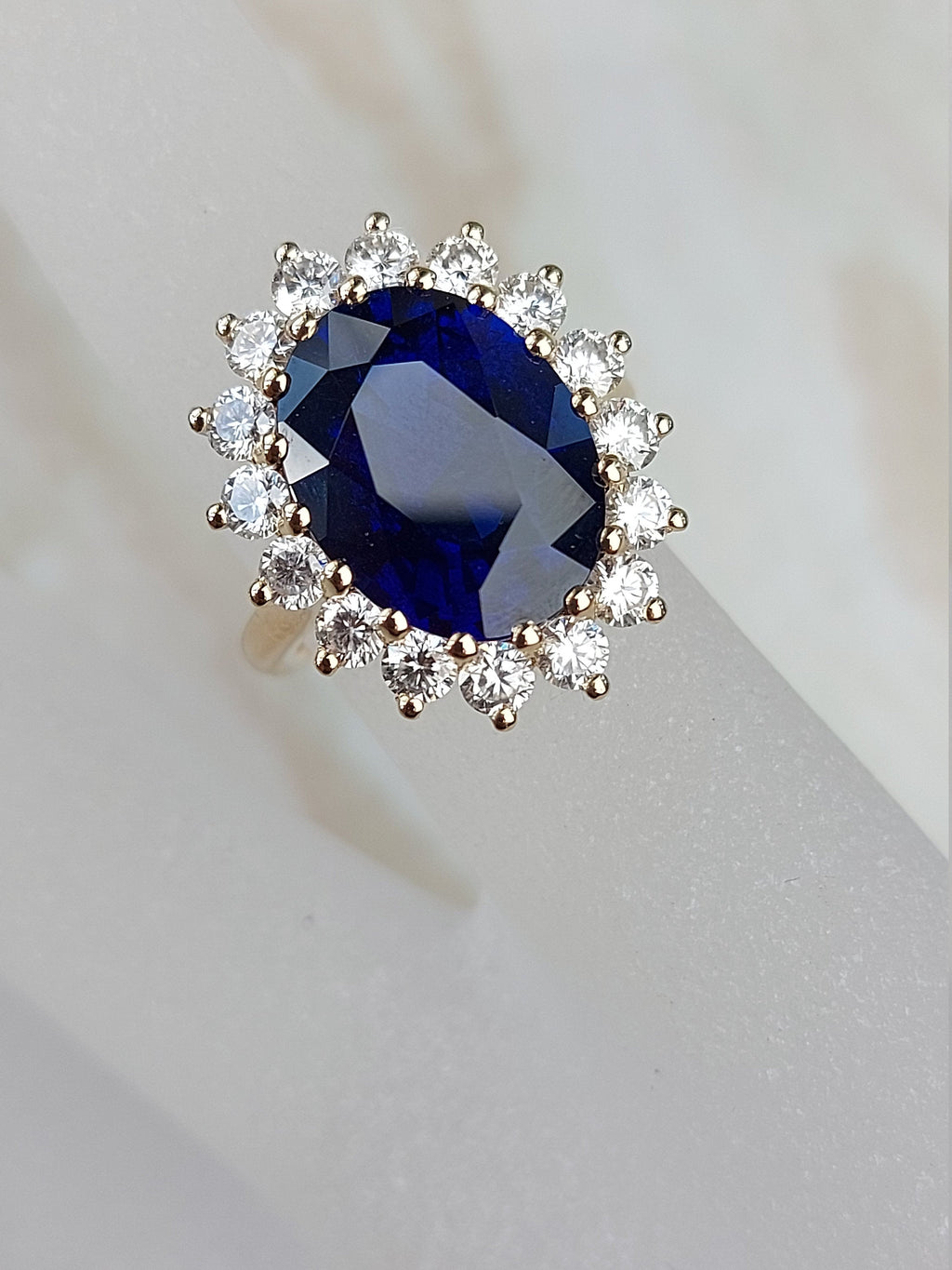 Princess Diana Natural Certified Blue Sapphire Engagement Ring, Oval cut 14k yellow gold diamond ring, 6 Ct Blue sapphire ring.